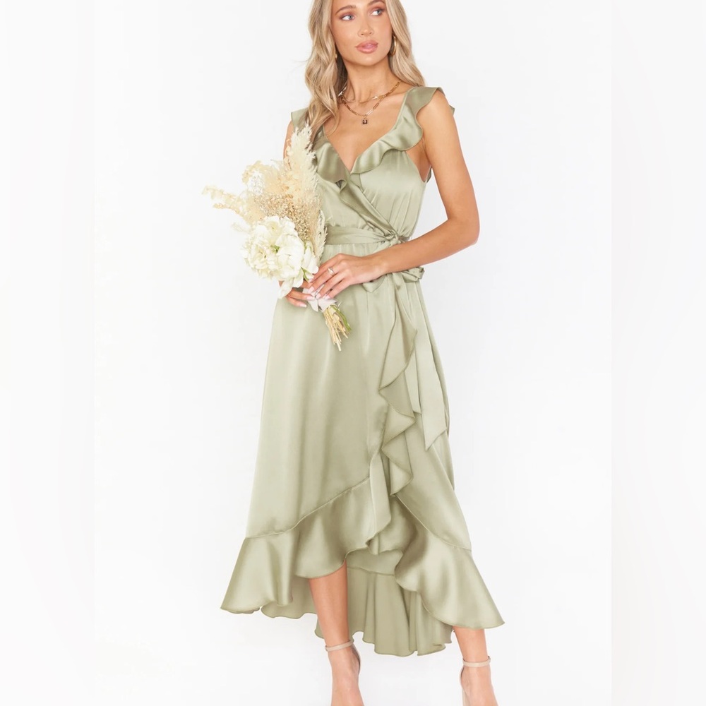 SHOW ME YOUR MUMU Samantha Moss Green ruffle wrap bridesmaid dress medium satin